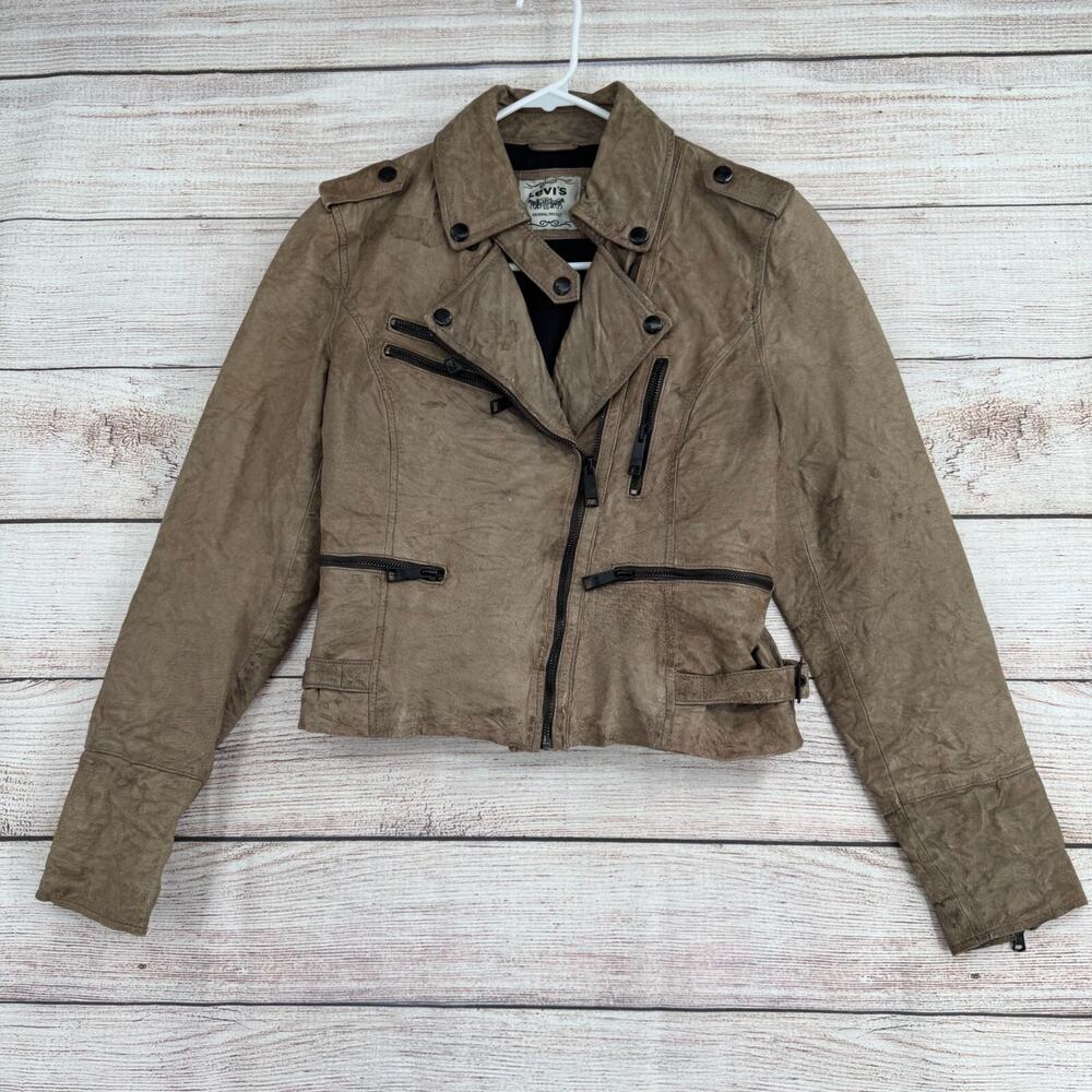Vintage Levi's Distressed Leather Moto Jacket‎ Women's Size P/Small Beige/Brown